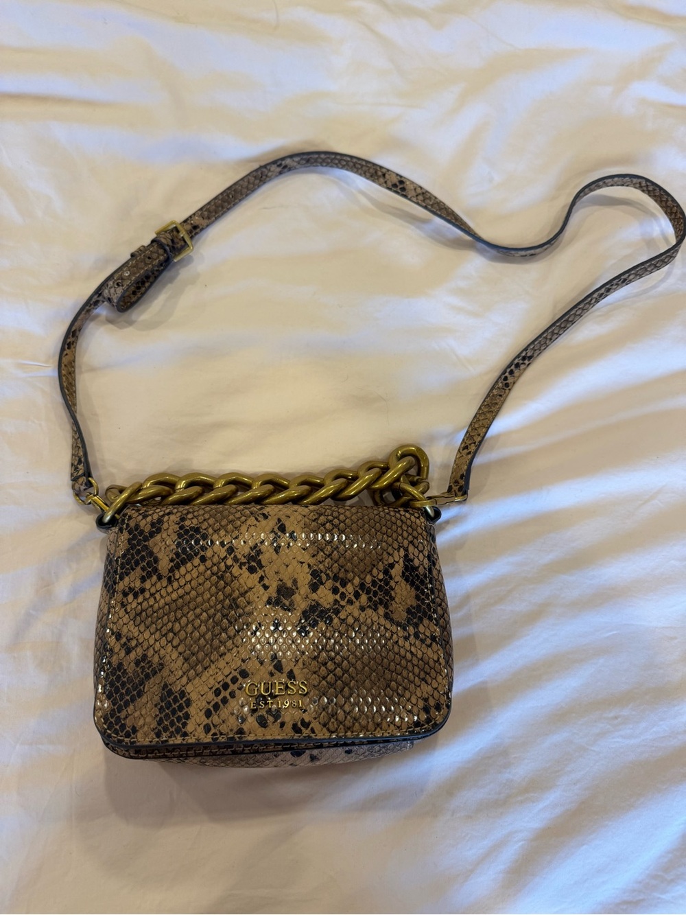 GUESS Brown Snake-Print Crossbody with Gold Chain Detail